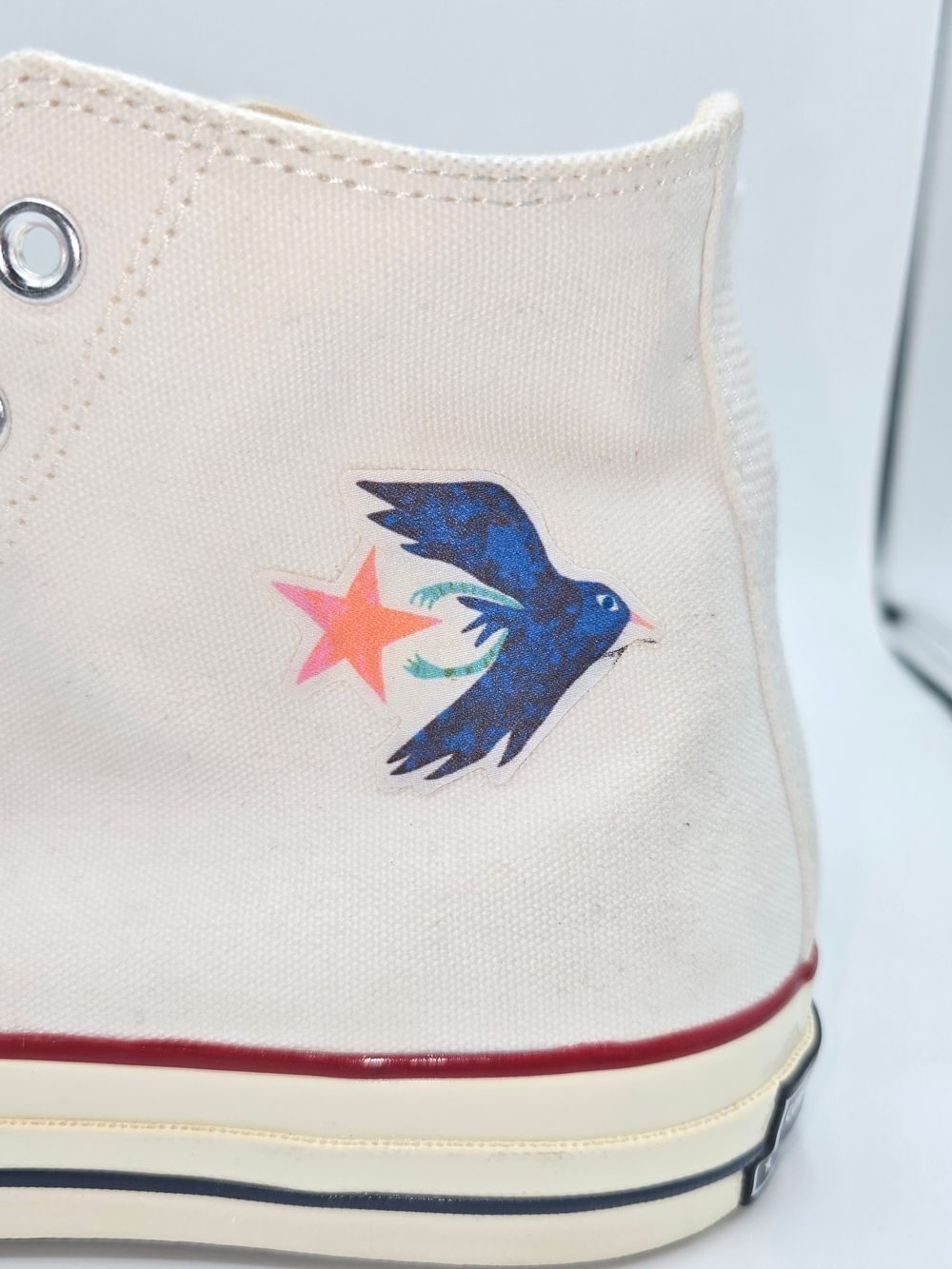 Converse High-Top Canvas Sneaker Cream Pink & Blue Star Patch DIY M 8.5 W 10.5 - Picture 6 of 8
